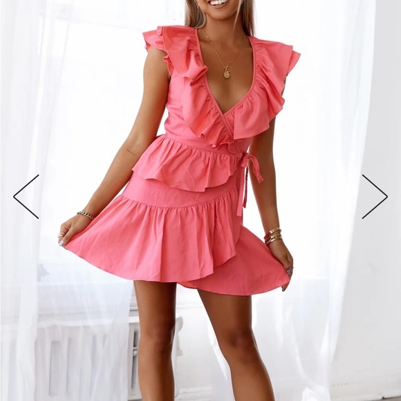 Hello Molly Voices in my Head wrap dress with ruffles Watermelon pink Size 6 - Picture 1 of 14